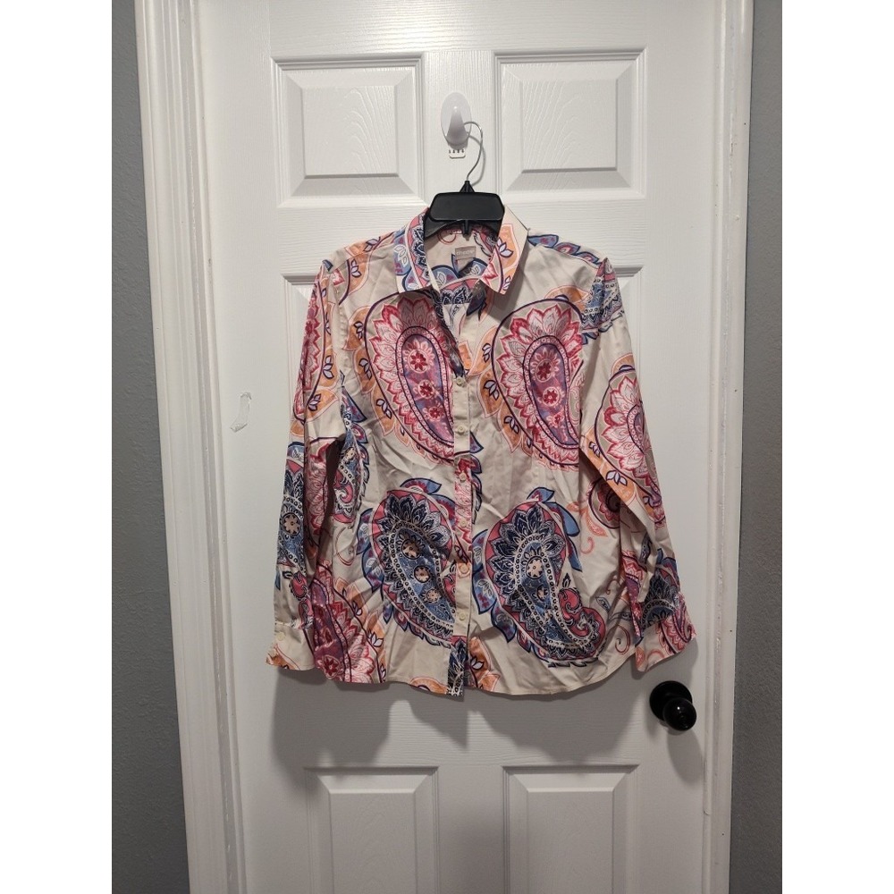 Chico's Shirt‎ Size 3 XL/16 Pink Paisley Print No Iron Boxy Cotton Chintz Career
